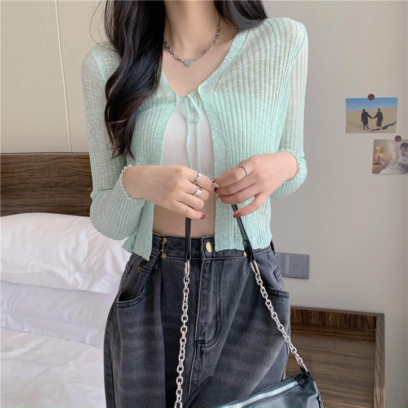 Женский солнцезащитный трикотажный кардиган на шнуровке - легкий летний топ из ледяного шелка с уникальным дизайном