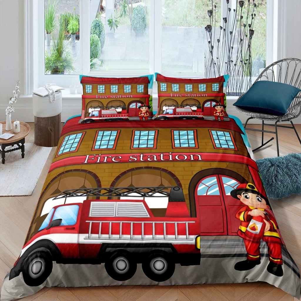 Firefighter Truck Duvet Cover King/Queen Size Red Firemen Car Bedding Set For Kids Boys Girls Fire Engine Polyester Quilt Cover