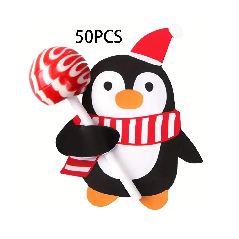 50/100pcs Christmas Lollipop Paper Cards Cartoon Santa Claus Penguin Snowman Kids Candy Gifts Package Wrapping New Year Party