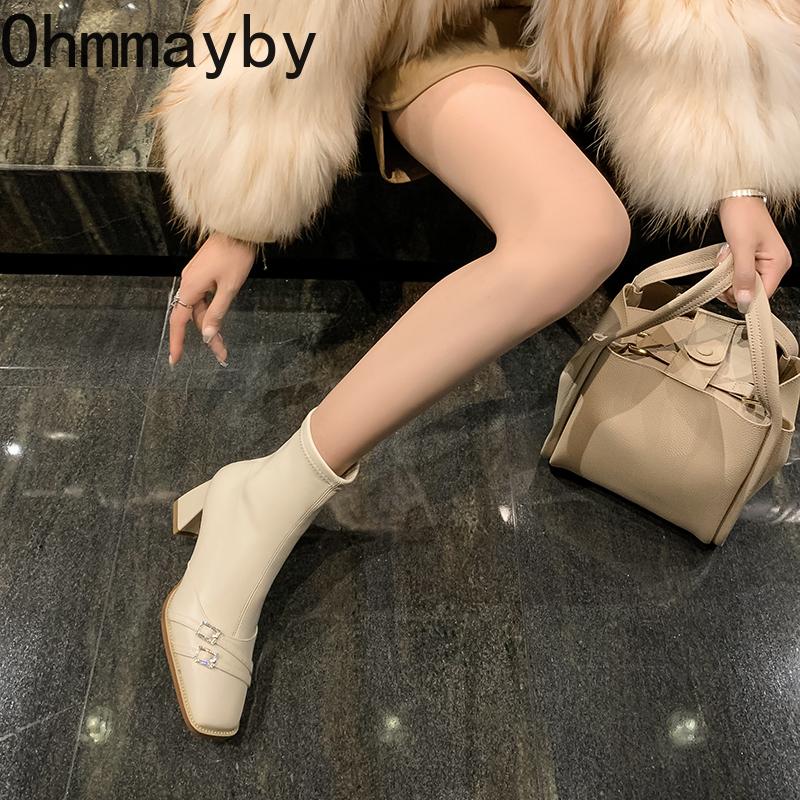 Fashion Thick Heel Ankle Boots Women Street Style Slim Square Toe Zipper Autumn Winter Rhinestone Ladies Shoes