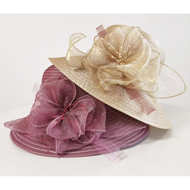 New hat women's summer straw visor sunscreen big edge organza flower straw hat beach hat