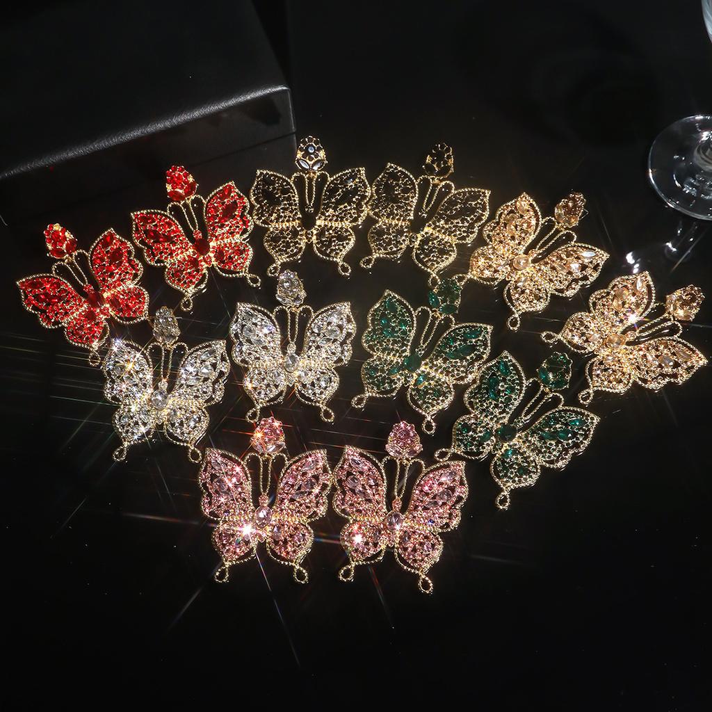 Cross-border Supply, Fashionable Colored Glass Rhinestone Butterfly Earrings, Women's Exaggerated Stud Earrings, Earrings.