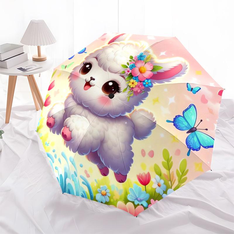 1pc Cute Alpaca with Flowers and Butterflies Umbrella with Plastic Handle,Suitable for All Seasons Home Travel Outdoor UmbrellaDD523