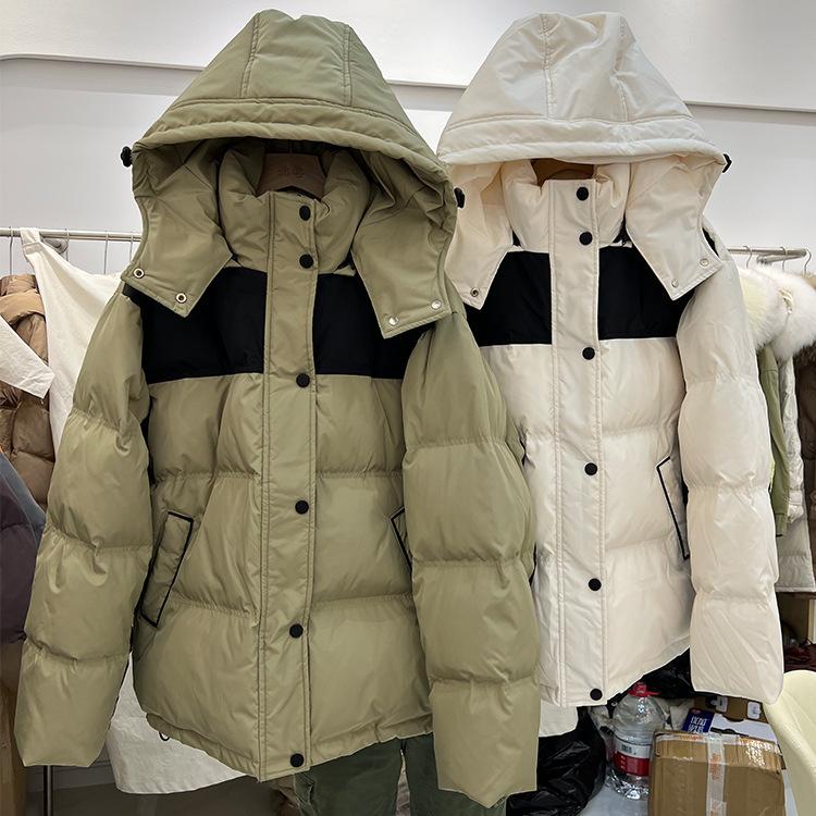 New down jacket women's short hooded color matching loose and thickened couple's men's and women's white duck down jacket