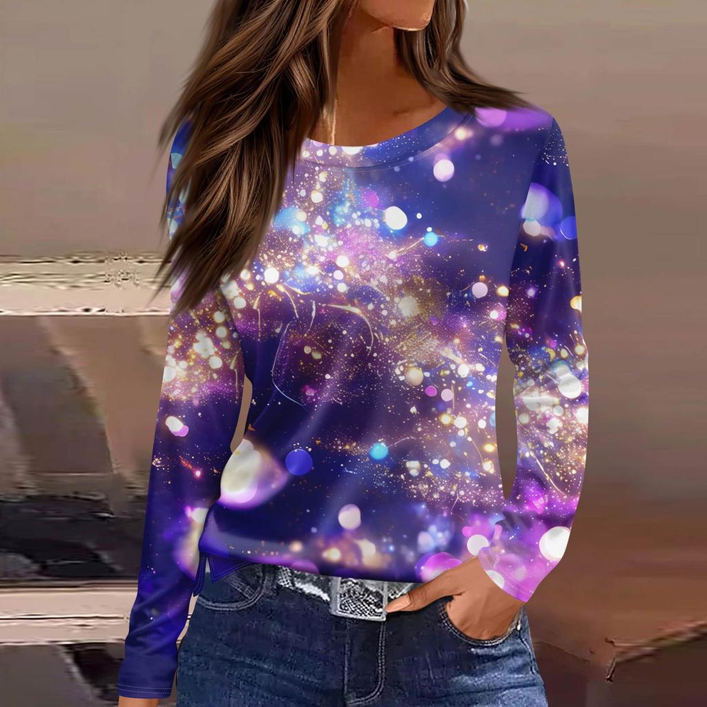 Women's Fashionable Casual  Neck Long Sleeve Hem Split Carnival Print T-Shirt Top