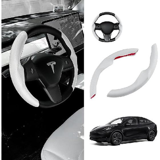 Grey Steering Wheel Cover For Tesla Model 3/Y 2016-2025 2026 Juniper/Highland | Non-Slip, Segmented, -Fit, Carbon Fiber | Model Y Juniper Accessories
