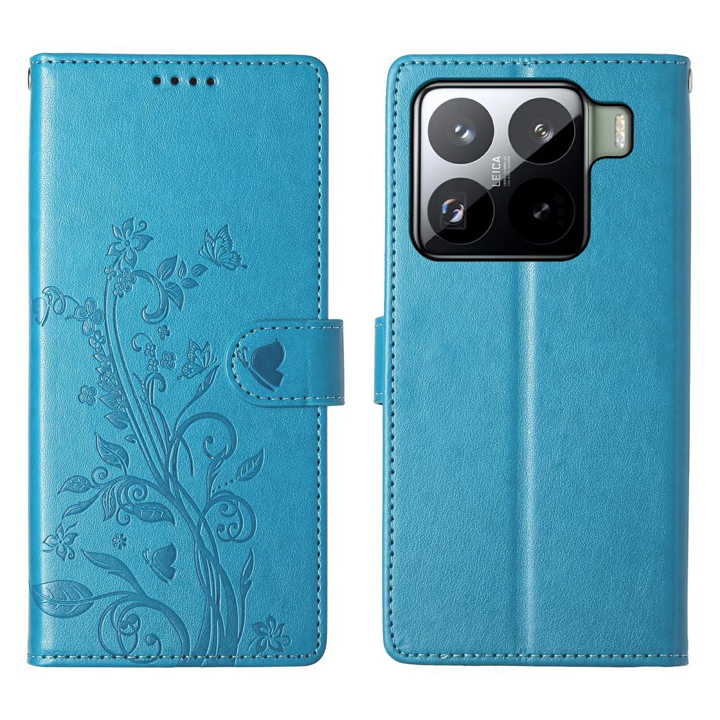 For Xiaomi 15 Pro Wallet Case Butterfly Floral Imprint PU Leather Phone Cover with Wrist Strap