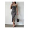 Women's Collar Lace-up Rope Strap Slit Summer Patterned Dress