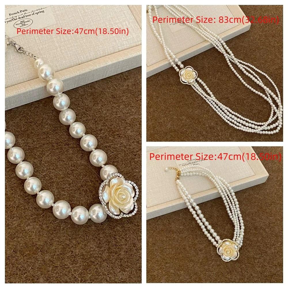 Rhinestone Multi-layer Necklace Baroque Style Camellia Clavicle Chain Pearl Flower Necklace  Girls