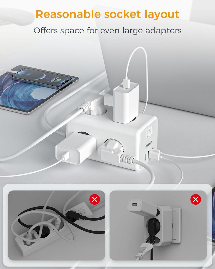 Tessan Стандартный заземленный удлинитель, вилки европейского стандарта, розетки, порты USB типа C, защита от перегрузки с удлинителем для домашнего офиса