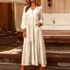 Women's Fashionable Solid Color V-neck Long Sleeved Loose Button Cotton Linen Retro Large Swing Long Casual Dress