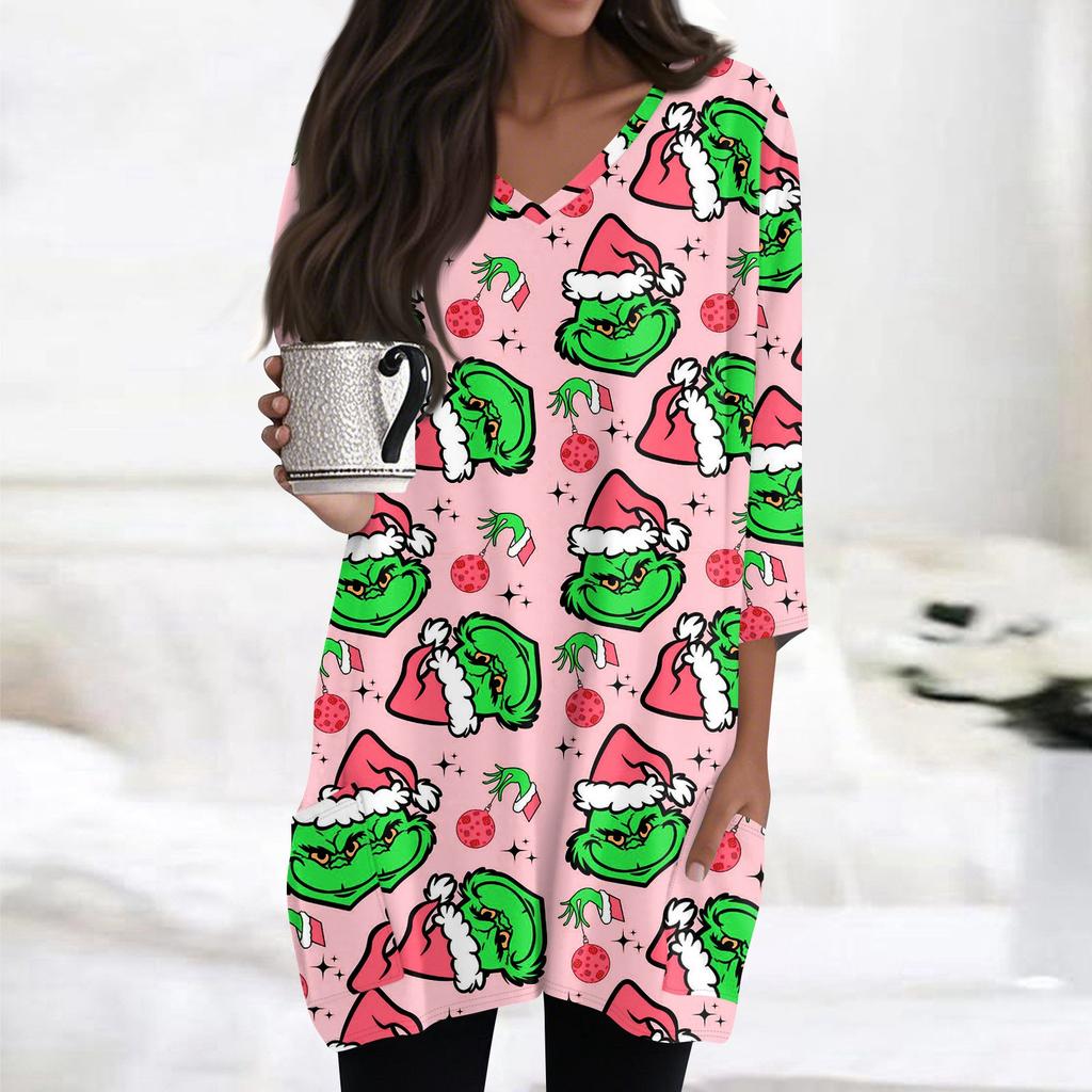 Женские топы с V-образным вырезом и рукавом 3/4, повседневные блузки средней длины, модные туники с рождественским принтом и карманами