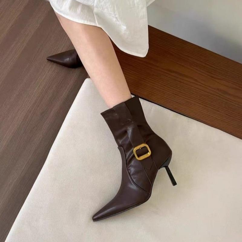 Женские туфли Ботильоны женские элегантные современные ботинки женские с острым носком и молнией сбоку на высоком тонком каблуке с пряжкой женские