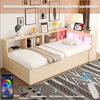 Sofa Bed 90 × 200 cm, Equipped with Euro Socket and Storage Compartments, Multicolored LED Strips, Hydraulic Mechanism, Solid Wood Bed, Wood Color.