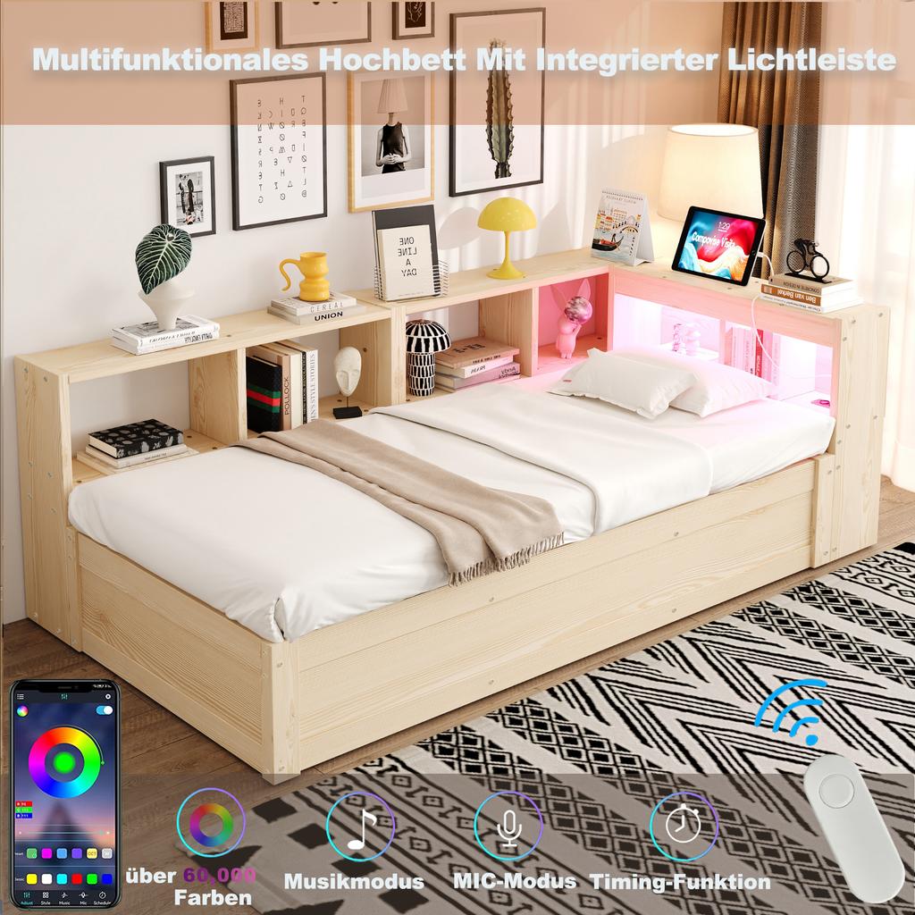 Sofa Bed 90 × 200 cm, Equipped with Euro Socket and Storage Compartments, Multicolored LED Strips, Hydraulic Mechanism, Solid Wood Bed, Wood Color.