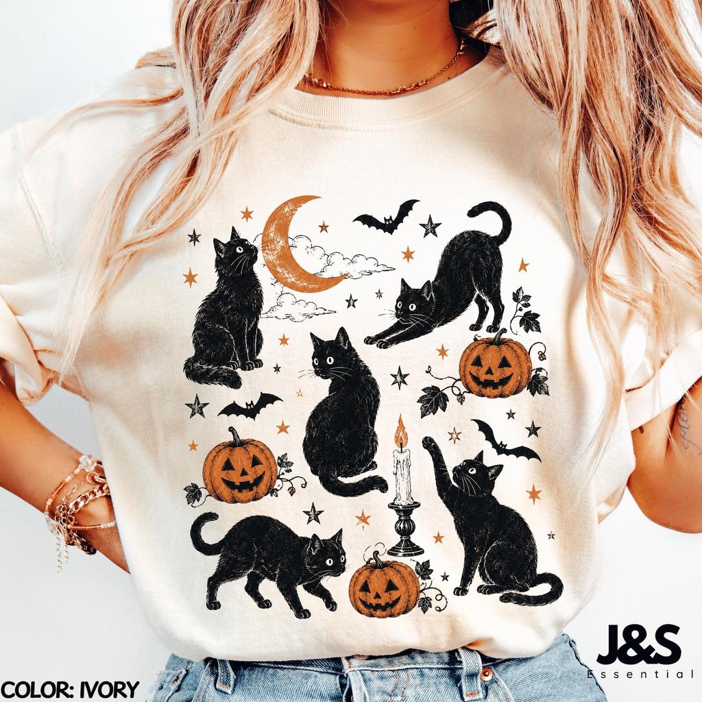 Halloween Black Cat Comfort Colors® Tshirt, Spooky Cat Graphic Tee, Pumpkin Moon Shirt, Vintage Witchy Cat Tee, Halloween Cat Lover Gift