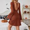 Spring Elegant Women's Dress Brown Texture Backless with Bow Horn Sleeves