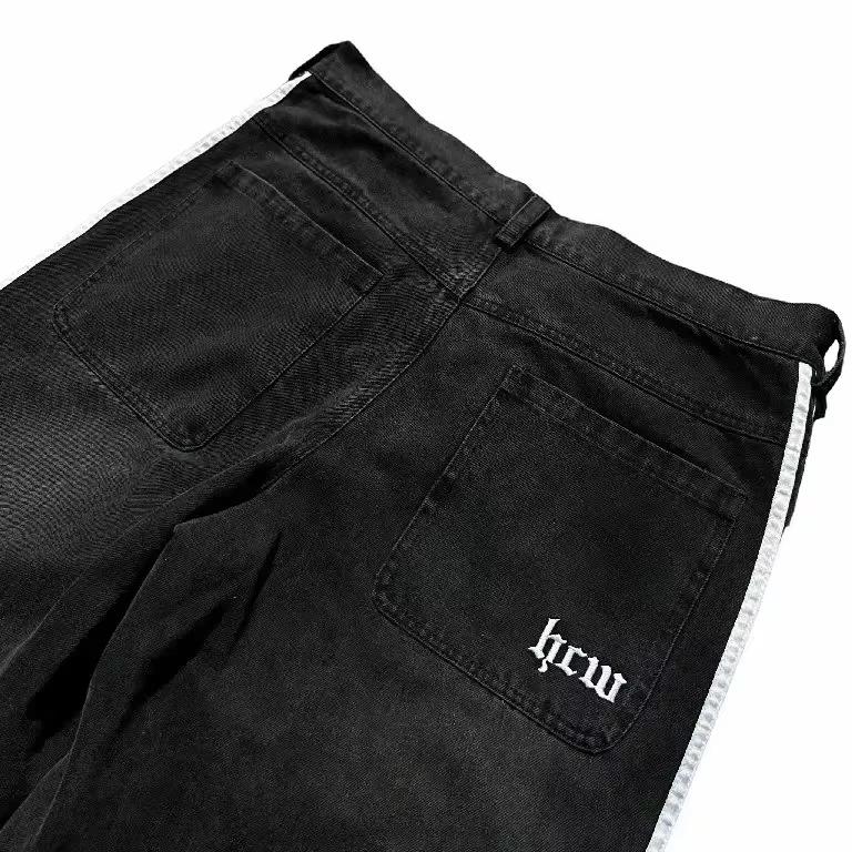 Unisex Streetwear Jeans Y2K Denim Pants Hip Hop Retro Striped Embroidered Baggy Jeans Mens Womens High Waist Wide Leg Trousers