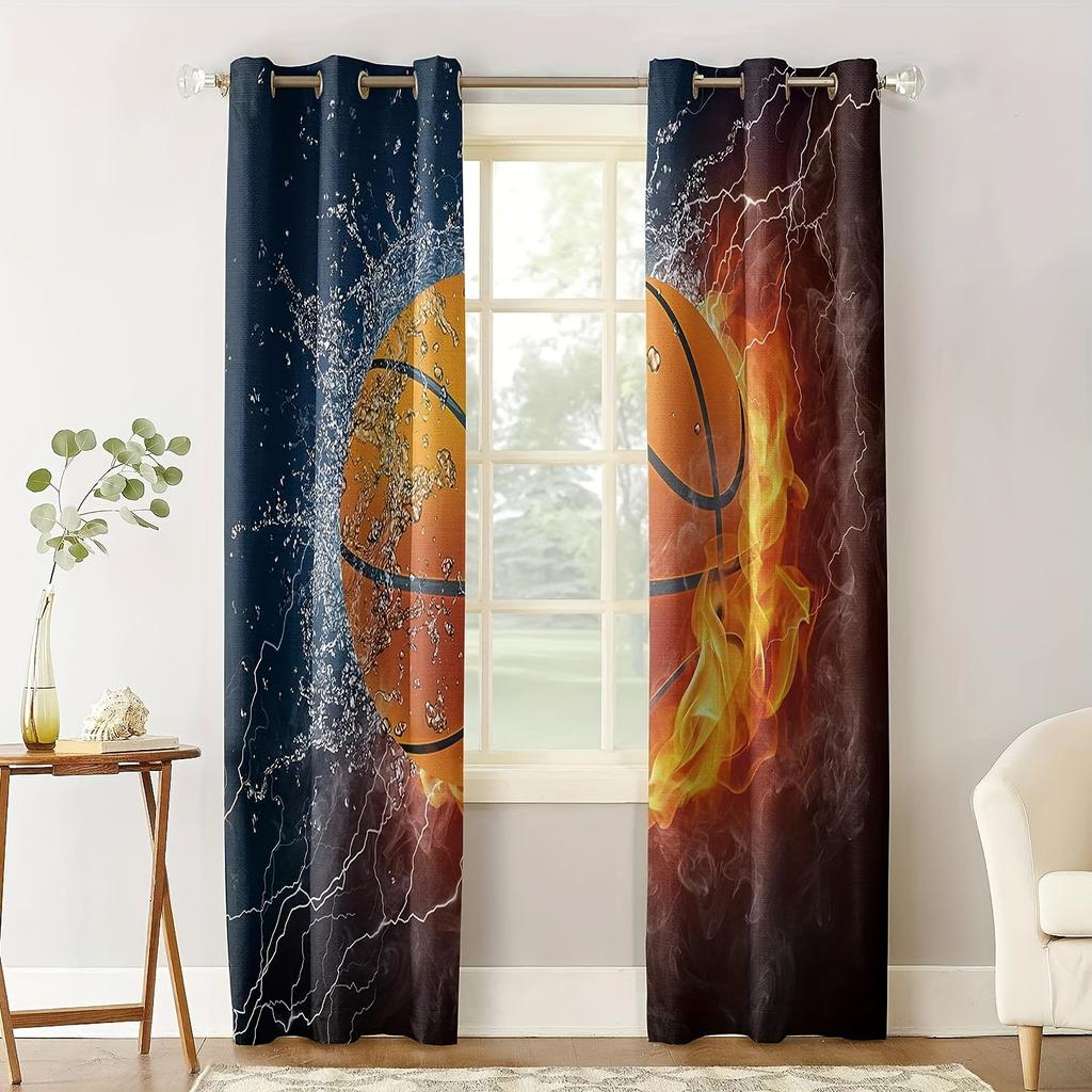 2-панельные шторы с изображением баскетбольного мяча для мальчиков, спортивные шторы с изображением баскетбольного мяча, декор окна для подростков и детской спальни, крутой 3D-принт с изображением баскетбольного мяча.