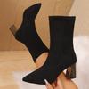 Замшевые остроносые модные ботильоны на высоком каблуке женские зимние новые тонкие ретро больших размеров с эластичным голенищем