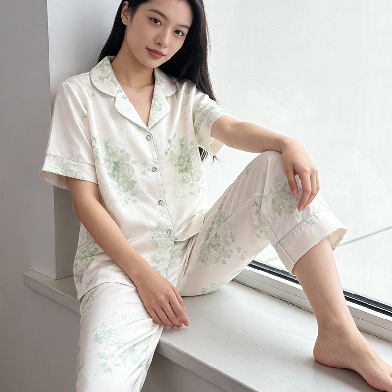 1011 spring and summer new ice silk peony printed pajamas women's Xiaoqing fresh air short-sleeved trousers loungewear two-piece set
