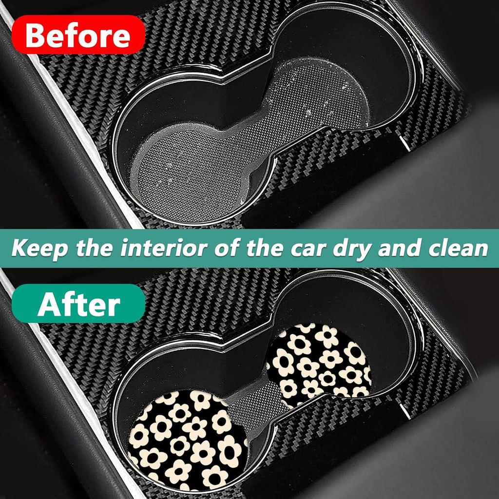 2 Pack Car Cup Holder Coasters - Vintage Groovy Daisy Flower Absorbent Ceramic Coaster, Car Coasters for Cup Holders, Car Interior Accessories for