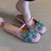 Sheepskin Version of the New Contrasting Color Flower One-word Buckle Bag Head Shoes Women's Inner Height Increase Soft Leather Sweet Half Slippers