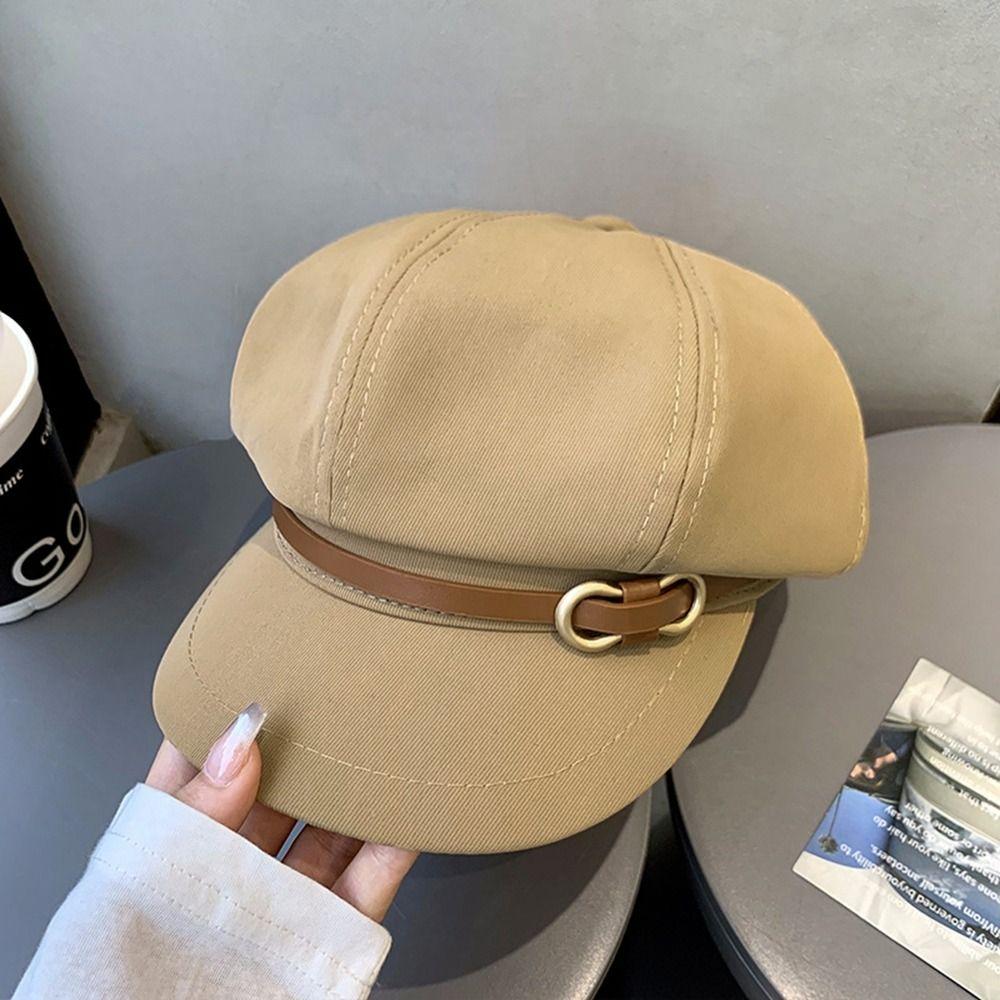 Восьмиугольная шляпа в корейском стиле с кожаной пряжкой, повседневная черная шляпа-берет для уличной одежды