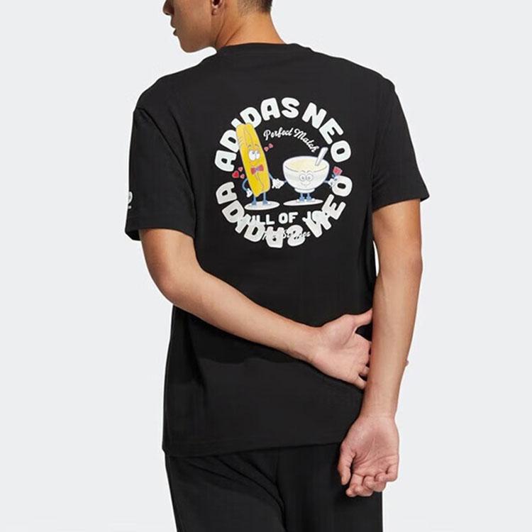 Adidas Футболка унисекс с коротким рукавом и круглым вырезом Neo Simple Sports с мультяшным узором и буквенным принтом, черная HS6829