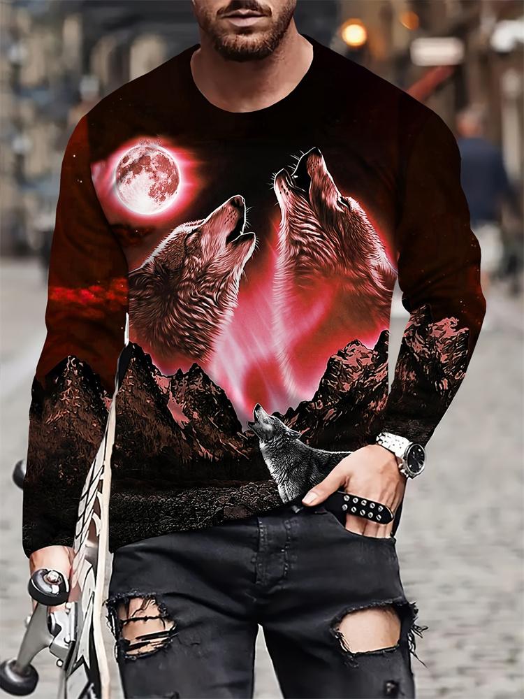 Осенняя повседневная мужская футболка с круглым вырезом, мужская футболка с принтом волка, мужская футболка с длинным рукавом, уличная мужская модная футболка с длинным рукавом