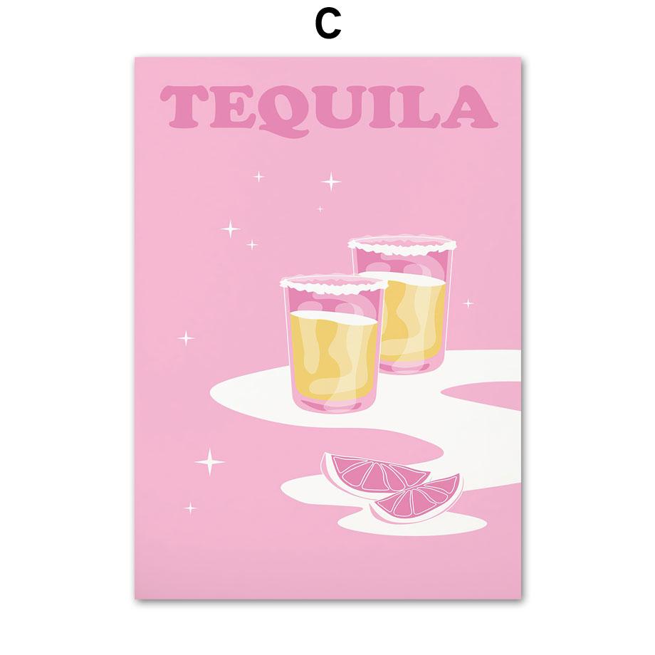 Розовый коктейль Виски Мохито Текила Напитки Плакаты Печать Холст Картина Скандинавские настенные картины Для декора кухни, бара