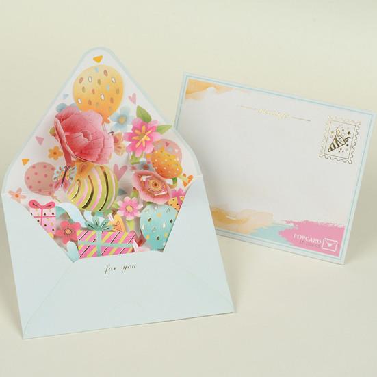 3D Fly-Out Greeting Card Multiple Colorful Flower Decor Greeting Card with Envelope Watercolor Painting
