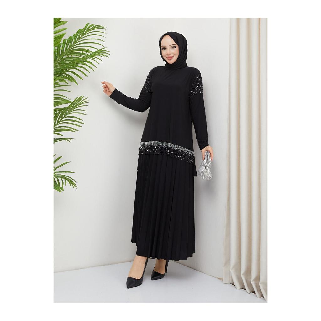 Женская черная песчаная передняя часть и рукава, блузка с вышивкой Dms, юбка, плиссированная двойная юбка в хиджабе, комплект