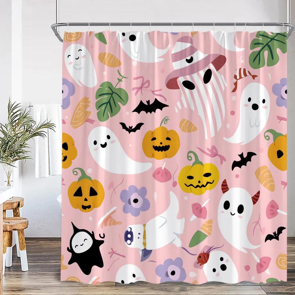 Cute Ghost Cartoon Pattern Shower Curtain Pumpkin Lantern Spectre Orange Pink Bathroom Decor Kid Happy Halloween Bathtub Curtain
