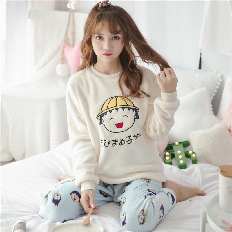 Women's Long-Sleeve Flannel Pajamas - Cute Cartoon Coral Fleece Set for Fall & Winter
