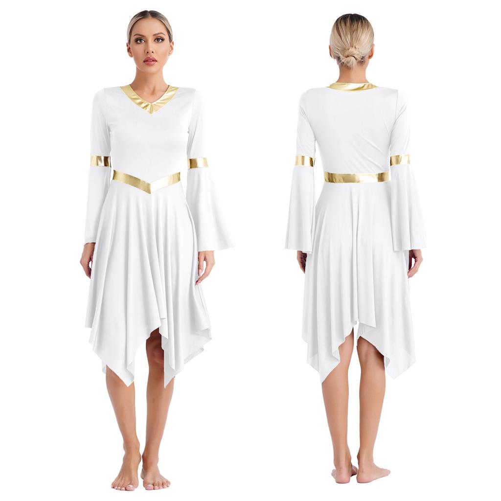Платье-туника для литургического классического танца с V-образным вырезом и расклешенными рукавами, асимметричный подол, платья для церемоний, церковного поклонения, танцевальная одежда