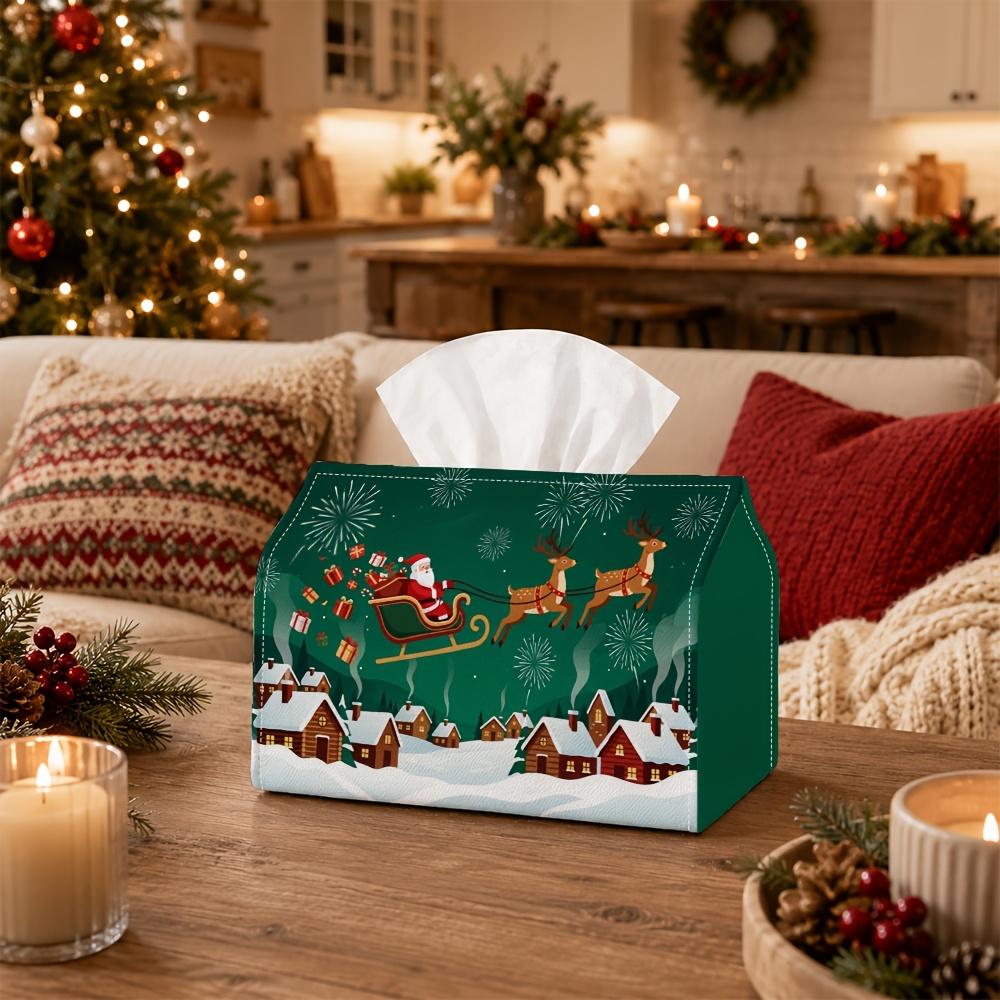 1pc Christmas Majestic Winter Magic Tissue Box - Santa Claus Sleigh Reindeer Sky, Durable Napkin Organizer for Car, Kitchen, Dining, Home Decor - Deco