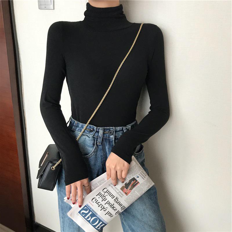 Women's Solid Color High Collar Slim Fit T-Shirt: Trendy Long-Sleeve Korean Style for Autumn/Winter 2025