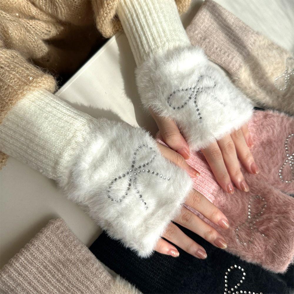 Hotfix Rhinestone Knitted Gloves Plush Half Finger Mittens Soft Bow Gloves Cycling
