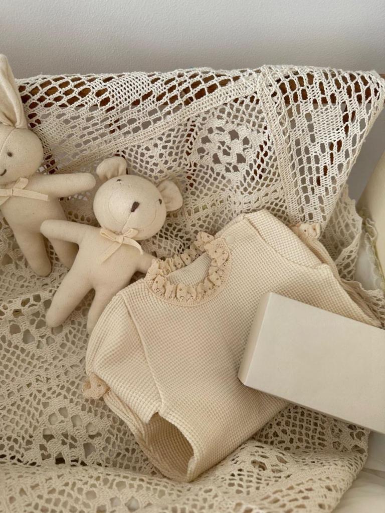 Korean-Style Baby Summer Waffle Lace Romper Jumpsuit - Children's Crawling Outfit