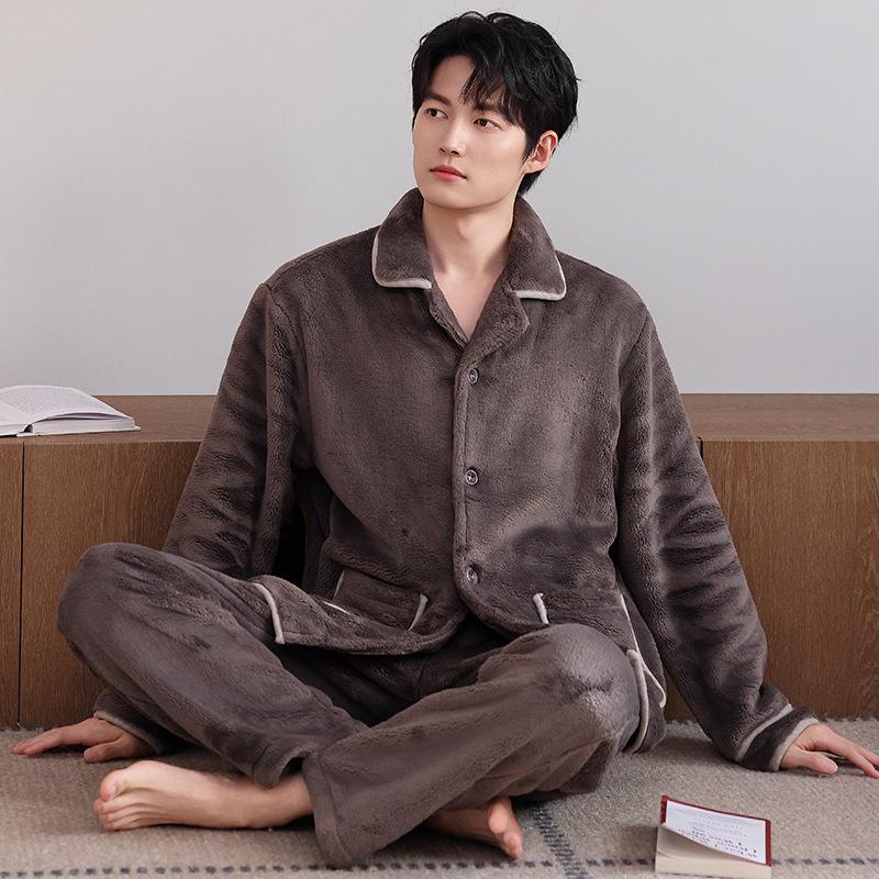 Flannel couple pajamas winter fleece thickened coral fleece men's and women's autumn and winter large size high-end loungewear set