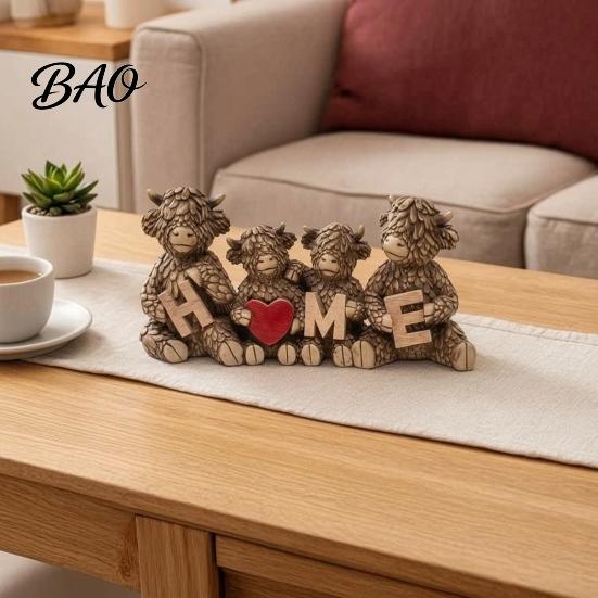 Cute Figurines for Windowsill Highland Cow Family Figurine, Resin Cattle Statue Holding HOME Letter Sign, Garden Decor Balcony Farmhouse Tabletop