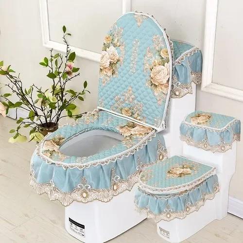 Декор из кружевной ткани с принтом Коврик для унитаза из трех частей Большая юбка Подол Чехол на сиденье для унитаза с молнией Пылезащитный чехол для унитаза
