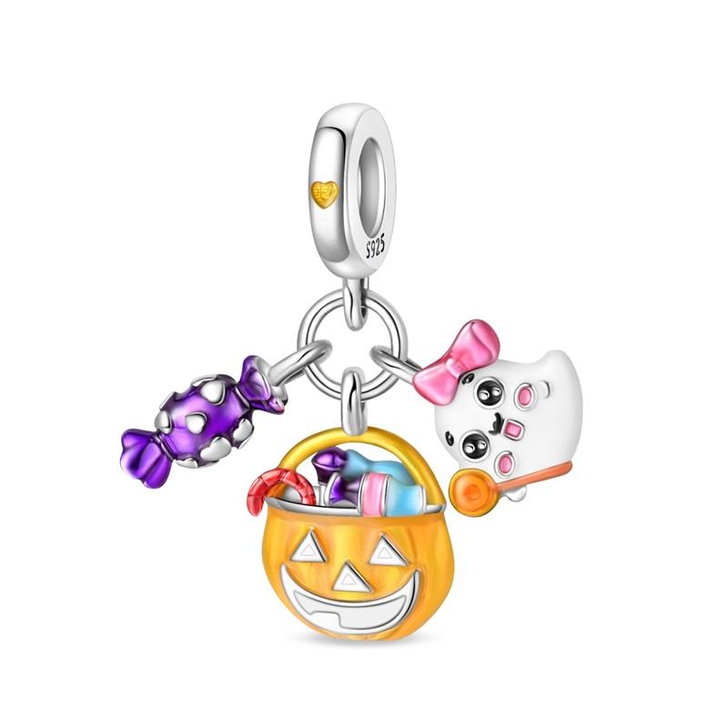 Copper Cute Ghost Beads & Cat Pumpkin Head Dangle Charm Fits Bracelet Halloween Pendant Accessories Gifts
