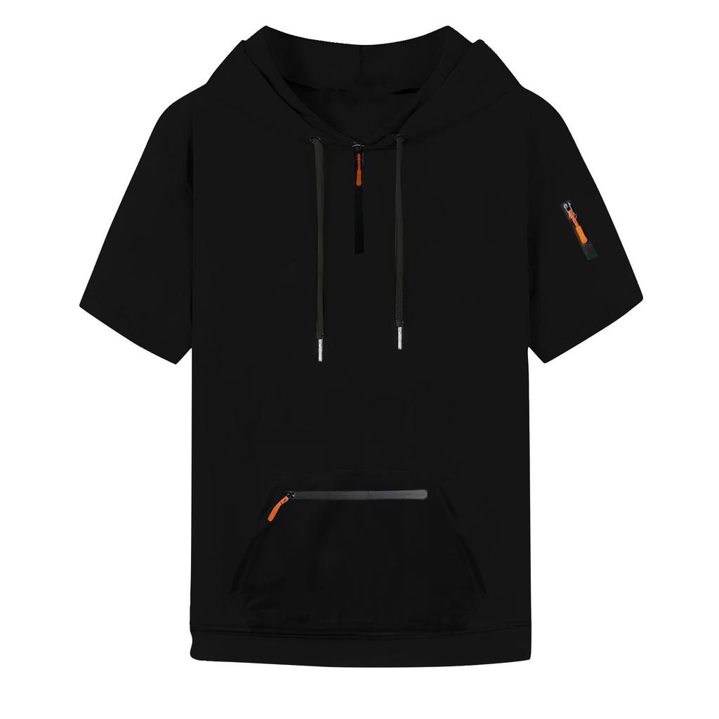 Men's Summer Shirt Zipper Pocket Short Sleeve Hooded Sweatshirt Men's Sports Large Size Casual Sweatshirt