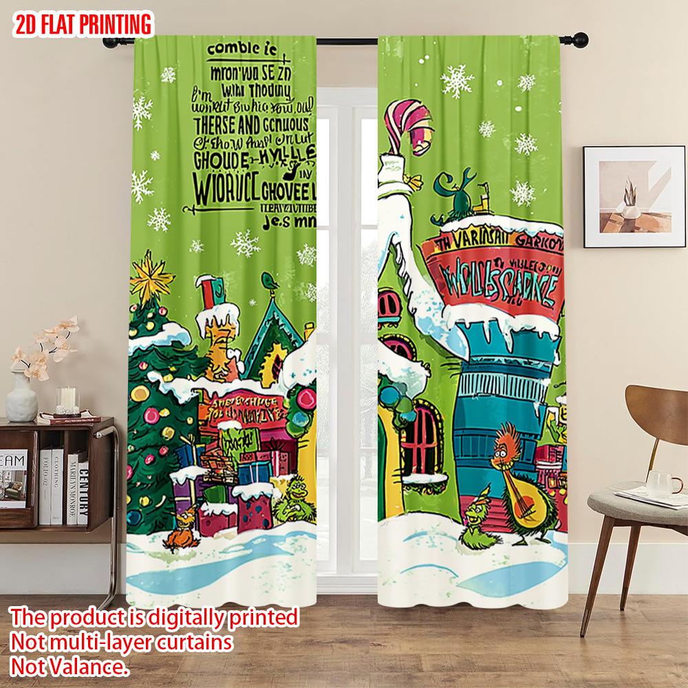 2pcs, plane printing Minimalist Curtains Snowflakes & Whimsical House Polyester Woven (without rod) Decorations Outdoor