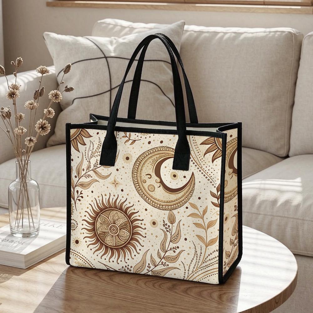 Boho Sun Moon Print Tote Bag Casual Daily Shopping Portable Lightweight Aesthetic Carry Bag