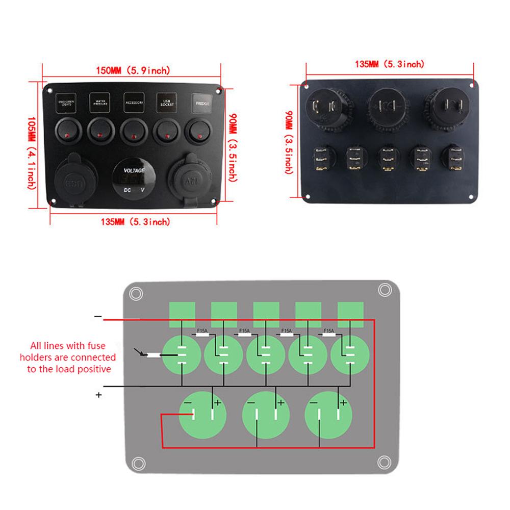 Панель переключателей для автомобиля и лодки, водонепроницаемый цифровой вольтметр, двойной порт USB, 12 В, комбинированная розетка, морской светодиодный рокер, 5 групп