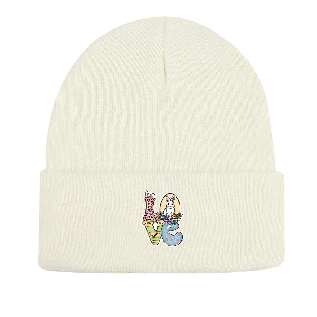 LOVE" Rabbit Warm Knit Hat Beanie, Easter Skullies Beanies Stretchable Elastic Trendy Bobble Hat Knitted Cap Beanie