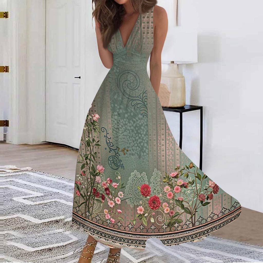 Женские модные повседневные свободные платья с V-образным вырезом без рукавов с принтом